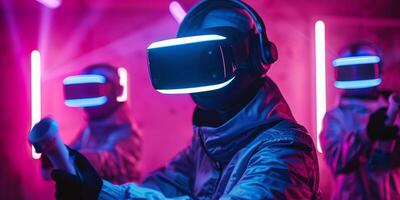 ai generato giocatori con virtuale la realtà auricolari e gamepad. concetto di virtuale realtà, Giochi, divertimento e comunicazione foto