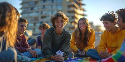 ai generato giovane Multi etnico gruppo di persone nel Aperto aria cinema. foto