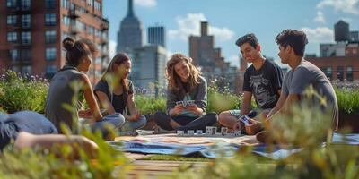 ai generato pausa su aria. lieta maschio persona seduta su skateboard mentre avendo pranzo con il suo amici foto