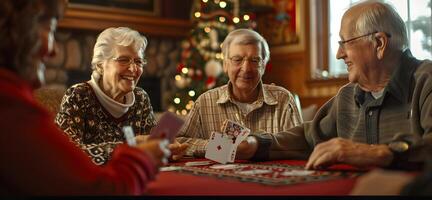 ai generato anziano uomo come un' pensionato mentre giocando carte con amici a casa o a la pensione casa foto