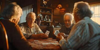 ai generato gruppo di gli anziani giocando carte nel il la pensione Casa foto