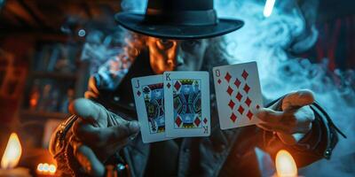 ai generato mago Spettacoli trucco con giocando carte. gioco di prestigio di mano. manipolazione con oggetti di scena. foto