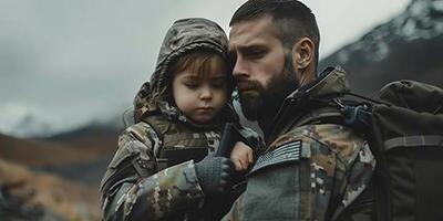 ai generato soldato e bambini su campo di battaglia sfondo. militare e salvare operazione concetto. foto