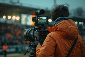 ai generato tv telecamera a il stadio durante calcio partite. televisione telecamera durante il calcio incontro foto