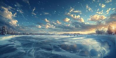 ai generato panoramico Visualizza di il innevato riva di il congelato baltico mare a tramonto. ghiaccio frammenti avvicinamento. colorato paesaggio nuvoloso, morbido luce del sole. simmetria riflessi su il acqua. Natale foto