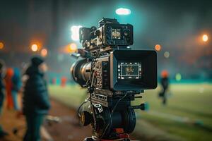 ai generato tv telecamera a il stadio durante calcio partite. televisione telecamera durante il calcio incontro foto