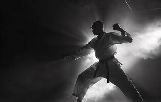 ai generato allenatore di karatè, uomo, combattente o atleta in posa nel combattente posizione con pugni nel bianca kimono, completo da uomo, con cintura su beige parete. marziale arte e energia foto