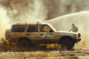 ai generato suv ruota in stallo nel fango e acqua. foto