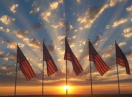 ai generato carino molti Stati Uniti d'America bandiere su tramonto posto diagonale con selettivo messa a fuoco e spazio per testo - qualunque vacanza bandiera 3d illustrazione foto