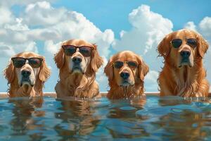 ai generato ritratto di cani giocando nel il piscina foto