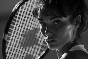 ai generato sexy allegro ragazza con tennis racchetta foto