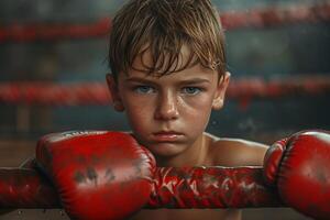 ai generato giovane laborioso pugile apprendimento per scatola. bambino a sport centro. ragazzo assunzione su un' nuovo passatempo foto