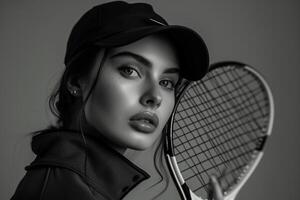ai generato monocromatico ritratto di giovane donna tennis giocatore foto