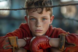 ai generato allegro bello poco ragazzo pugile indossare boxe guanti gioisce nel un' vittoria. isolato su buio strutturato sfondo. foto