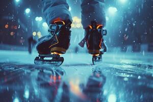 ai generato pattini ghiaccio sera gambe fuori, astratto sfondo inverno sport foto