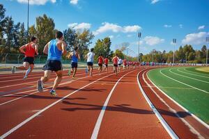 ai generato in esecuzione traccia nel stadio e il leggero quello brilla con persone in esecuzione esercizio jogging . foto