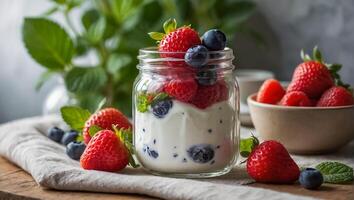 vaso di biologico Yogurt con fragole, mirtilli e menta nel il cucina foto