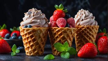 ghiaccio crema con fragole, mirtilli nel cialda delizioso foto