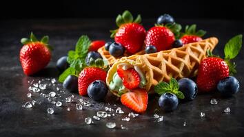 ghiaccio crema con fragole, mirtilli nel cialda delizioso foto