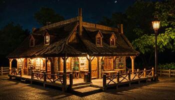 miniatura scena di medievale taverna edificio a notte, foto