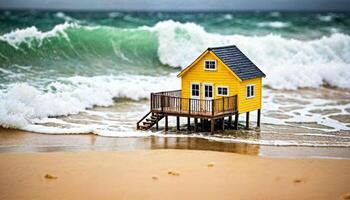 miniatura scena di minuscolo Casa di sabbia spiaggia isola, foto