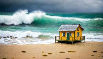 miniatura scena di minuscolo Casa di sabbia spiaggia isola, foto