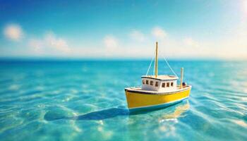 miniatura scena di barca e sabbia spiaggia isola, foto