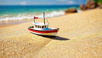 miniatura scena di barca e sabbia spiaggia isola, foto