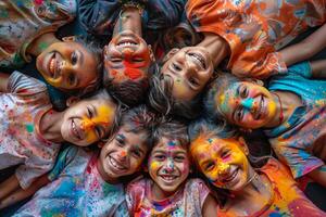 ai generato indiano bambini posa nel cerchio durante holi Festival foto