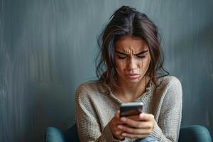 ai generato giovane donna pianto mentre Tenere smartphone foto