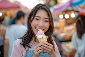 ai generato asiatico donna mangiare ghiaccio crema nel cibo Festival foto