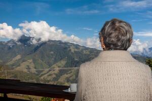 anziano donna turista guardare a il sorprendente paesaggi di il centrale intervalli su il salita per il alto di lettere fra il città di fresno e manizales nel Colombia foto