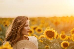 donna nel girasole campo. contento ragazza nel un' cannuccia cappello in posa nel un' vasto campo di girasoli a tramonto, godere assunzione immagine all'aperto per ricordi. estate volta. foto