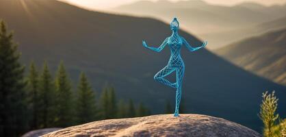 ai generato donna nel yoga posa, piegato filo figura su natura sfondo, creativo figure simbolo di yoga e armonia, arte e serenità intersezione. femmina fitness yoga routine concetto. salutare stile di vita foto