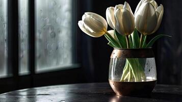 ai generato bianca tulipani dentro nel bicchiere vaso con metallico arrugginito bordi su di legno tavolo, buio ruvido sfondo. rustico fascino, eleganza e naturale bellezza nel casa arredamento o floreale a tema disegni foto
