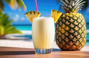 ai generato Pina colada cocktail con Rum, Noce di cocco ananas, su di legno tavolo, drammatico difficile illuminazione. essenza di tropicale vacanza, gusto di Paradiso. ideale per viaggio opuscoli, cocktail menù foto