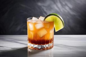 ai generato Mai tai Rum cocktail con lime e mandorla, impostato su elegante marmo tavolo, drammatico difficile illuminazione. essenza di tropicale vacanza, gusto di Paradiso. ideale per viaggio opuscoli, cocktail menù foto