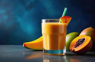 ai generato frullato con Mango e papaia, impostato su elegante marmo tavolo, difficile illuminazione. essenza di tropicale vacanza, gusto di Paradiso. ideale per viaggio opuscoli, cocktail menu, sociale media messaggi foto