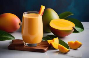 ai generato frullato con Mango e papaia, impostato su elegante marmo tavolo, difficile illuminazione. essenza di tropicale vacanza, gusto di Paradiso. ideale per viaggio opuscoli, cocktail menu, sociale media messaggi foto