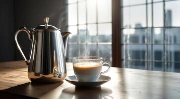 ai generato bianca tazza di caffè, antico argento caffè pentola contro mattina leggero sfocato finestra sfondo. ambiance di raffinatezza e la tranquillità. caffè cultura, lusso cenare, accogliente caffè foto