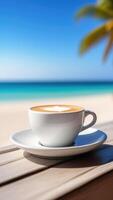 ai generato tazza di caffè su bianca piattino su spiaggia bar contatore, blu cielo, bianca oceanico sabbia, leggero sfocato sfondo, selettivo messa a fuoco, copia spazio foto
