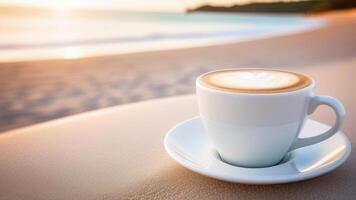 ai generato tazza di caffè su bianca piattino su spiaggia bar contatore, blu cielo, bianca oceanico sabbia, leggero sfocato sfondo, selettivo messa a fuoco, copia spazio foto