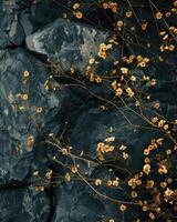 abbondanza di piccolo giallo fiori su buio pietra sfondo foto