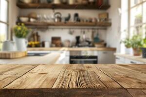 rustico di legno tavolo con sfocato cucina fondale foto