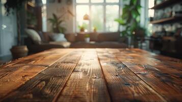 vuoto di legno tavolo nel vivente camera avvicinamento modello foto