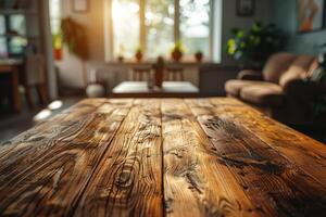 vuoto di legno tavolo nel vivente camera avvicinamento modello foto