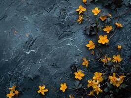 abbondanza di piccolo giallo fiori su buio pietra sfondo foto