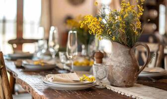 un' sognante Camera da letto ambientazione con un' vaso di mimosa fiori posto su un' capezzale tavolo foto