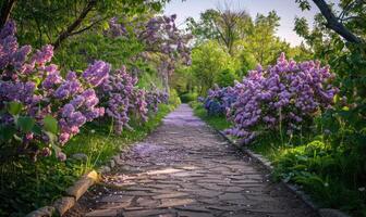 un' giardino sentiero foderato con fioritura lilla cespugli foto