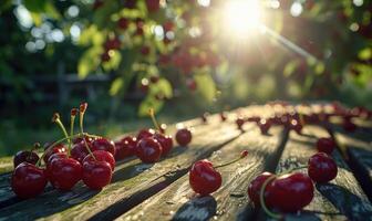 maturo ciliegie sparpagliato su un' di legno picnic tavolo nel il screziata luce del sole di un' ciliegia frutteto foto